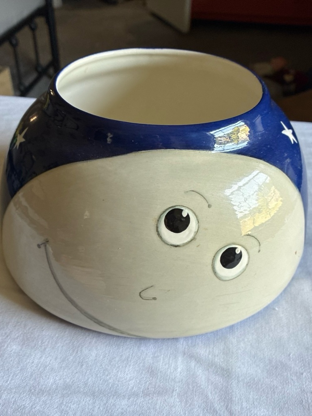 Whimsical Smiley Ceramic Vase in Navy and Cream